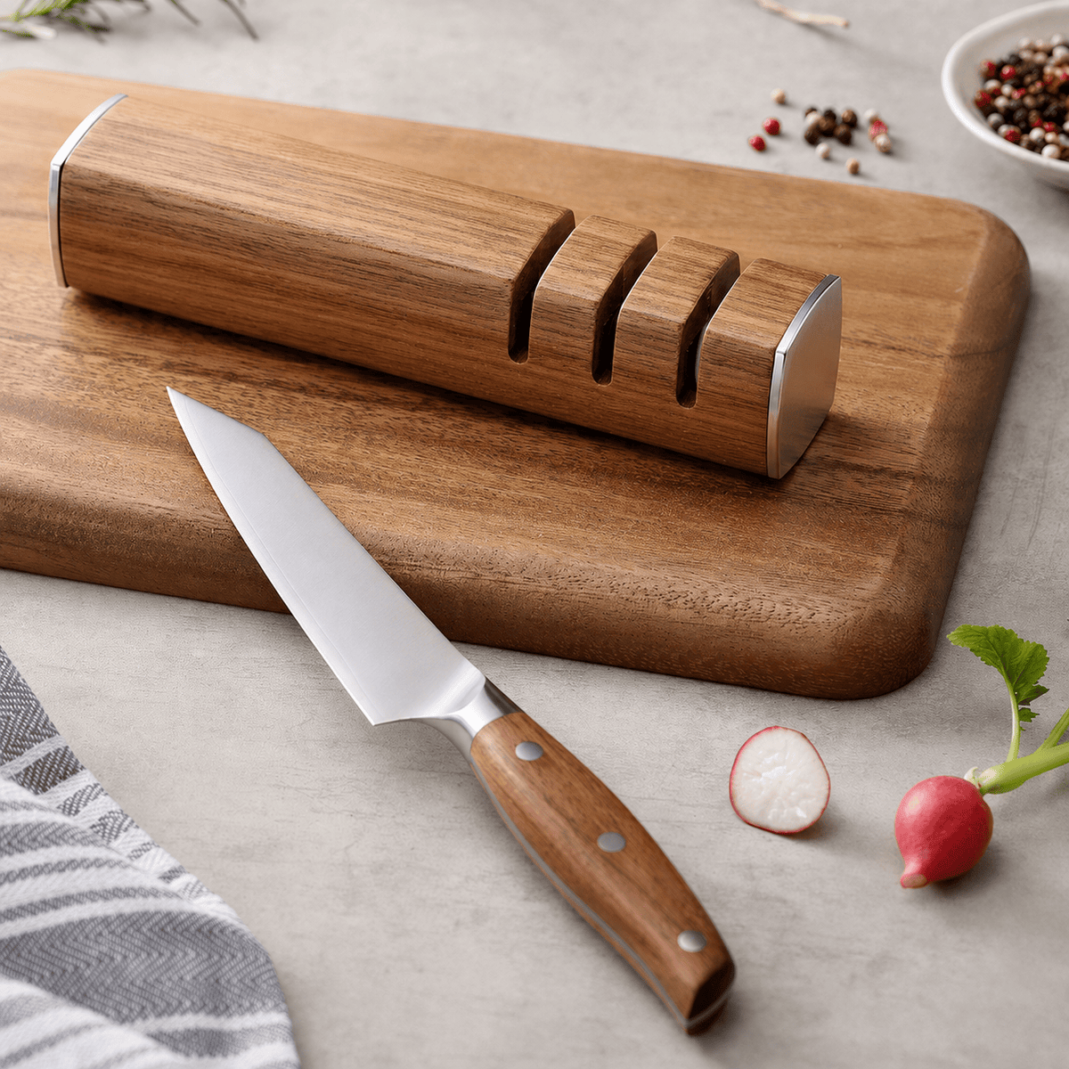 Meito Knives 3-in-1 Knife Sharpener Walnut Wood