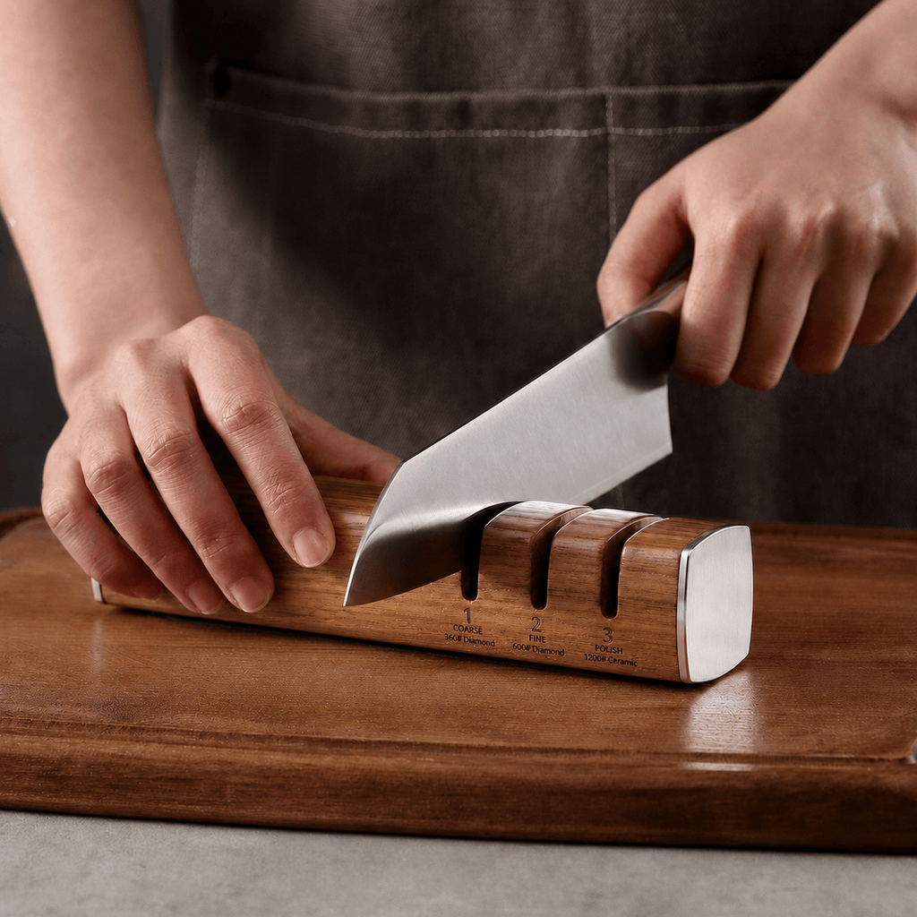 Meito Knives 3-in-1 Knife Sharpener Walnut Wood