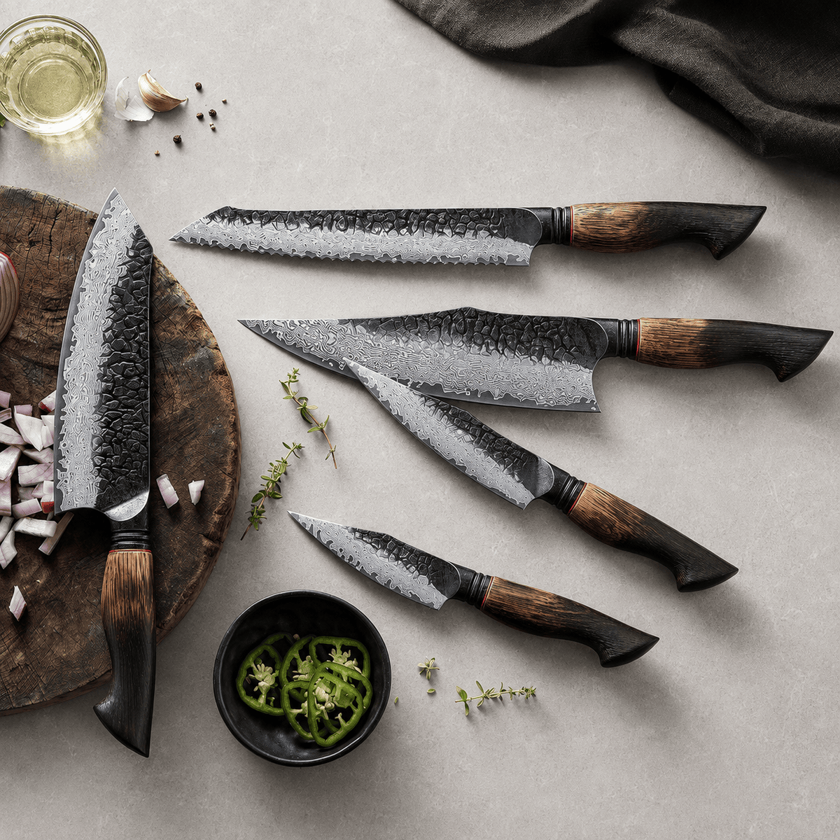 Meito Knives Kogarashi - 5-Piece Knife Set 67-Layer Damascus