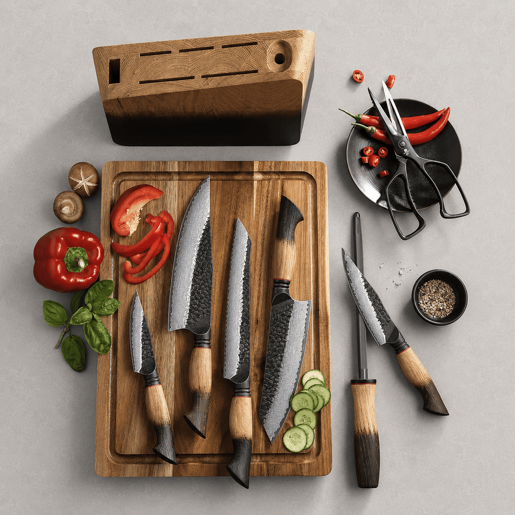 Meito Knives Kogarashi - 8-Piece Knife Block Set 67-Layer Damascus