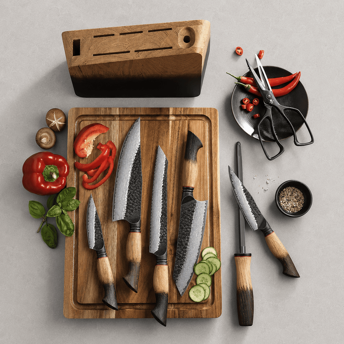 Meito Knives Kogarashi - 8-Piece Knife Block Set 67-Layer Damascus