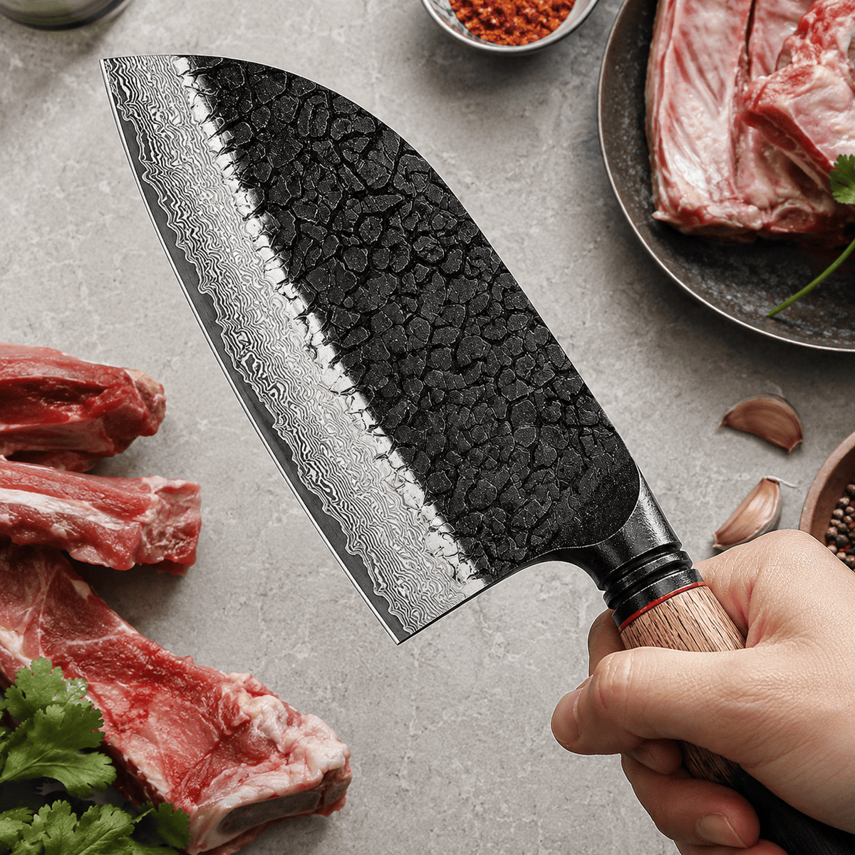 Meito Knives Kogarashi - Bone Chopper Knife Damascus 7.3"