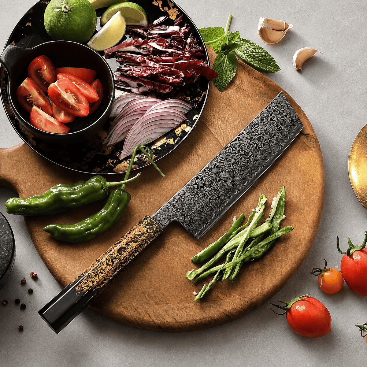 Meito Knives Kurogane - Nakiri Knife Damascus 6.89"