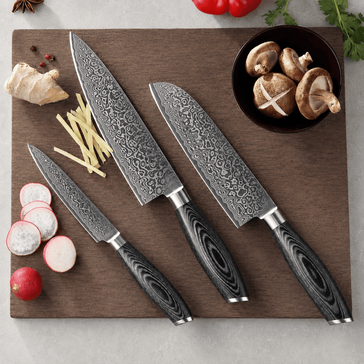 Meito Knives Nenrin - 3-Piece Knife Set 67-Layer Damascus