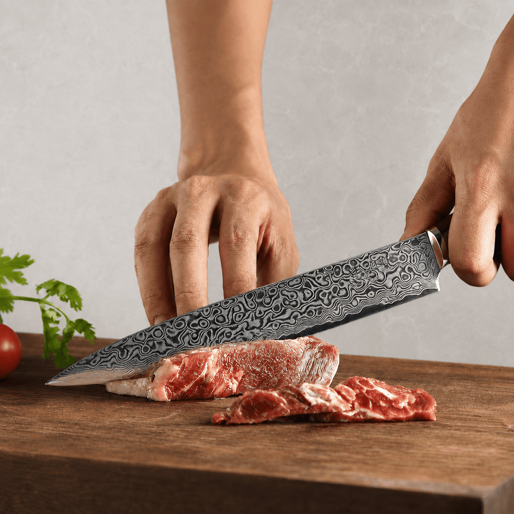 Meito Knives Nenrin - Carving Knife 67-Layer Damascus 8"