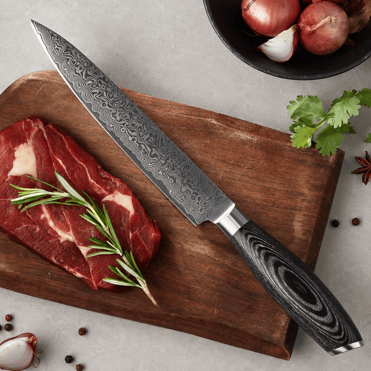 Meito Knives Nenrin - Carving Knife 67-Layer Damascus 8"