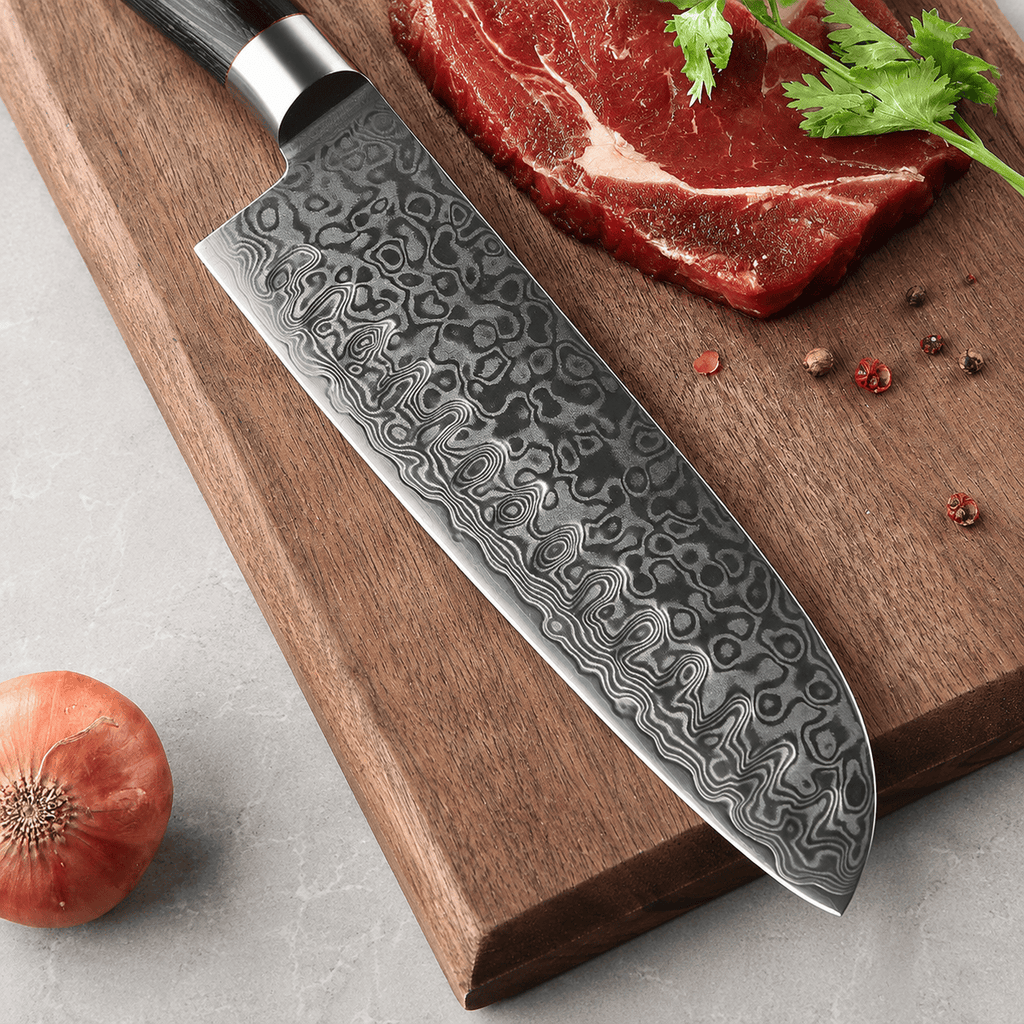 Meito Knives Nenrin - Santoku Knife Damascus 7"