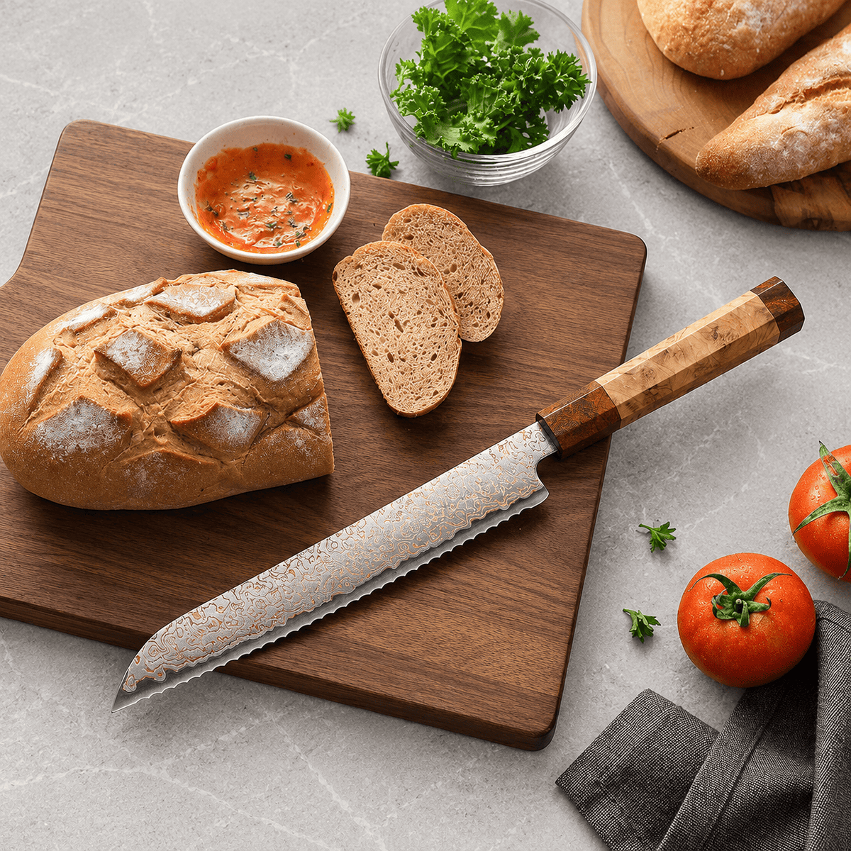 Meito Knives Ryūsui - Bread Knife Damascus 8.7"
