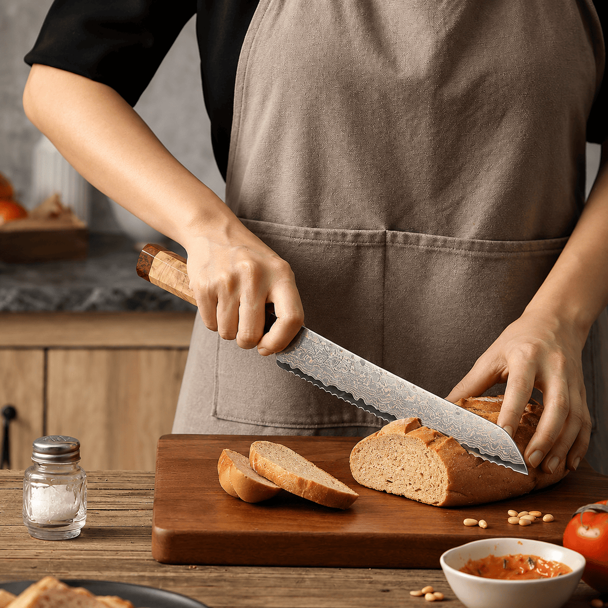 Meito Knives Ryūsui - Bread Knife Damascus 8.7"