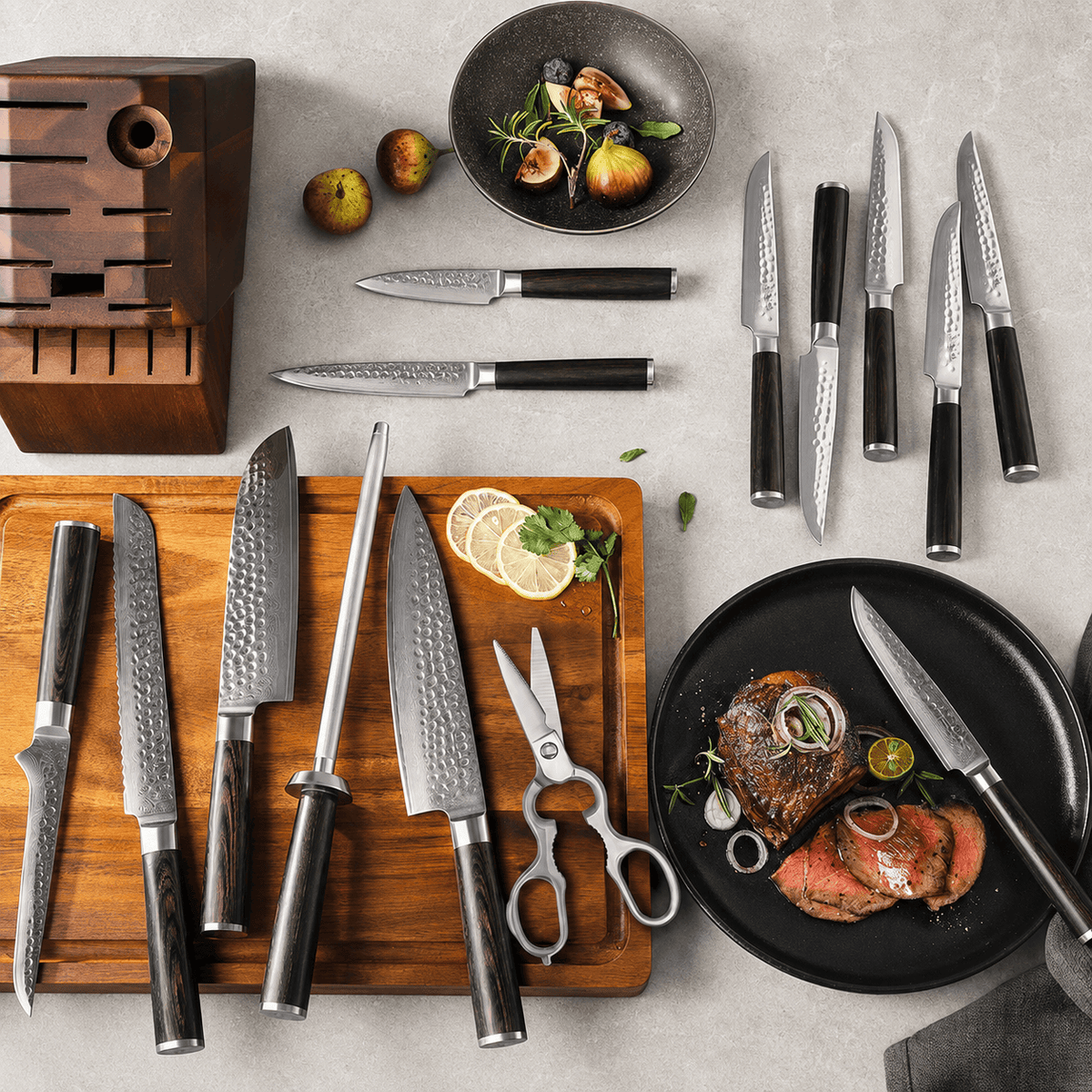 Meito Knives Tsukikage - 15-Piece Knife Block Set 67-Layer Damascus